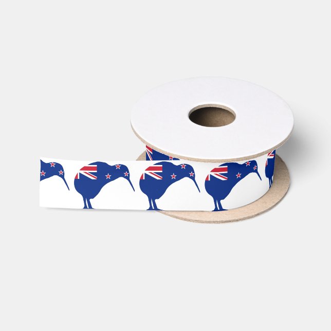 New Zealand Flag With Kiwi SIlhouette Satin Ribbon (Spool)