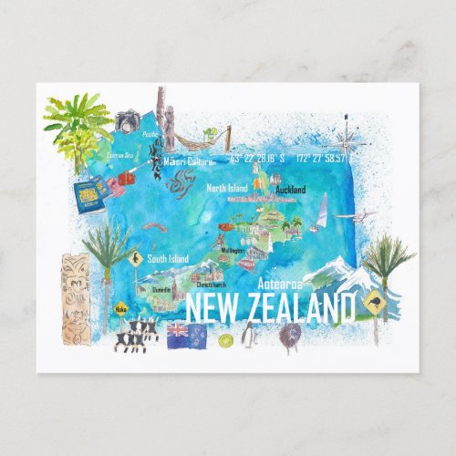 New Zealand Illustrated Travel Map Postcard