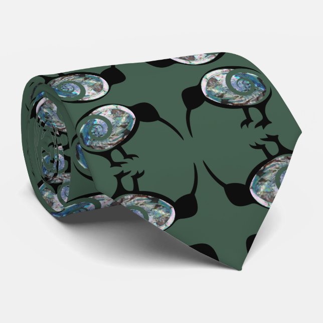NEW ZEALAND KIWI BIRD BLACK PAUA PATTERN NZ KORU NECK TIE (Rolled)