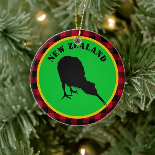 New Zealand & Kiwi Bird, Rustic Red Buffalo Plaid Ceramic Ornament (Tree)