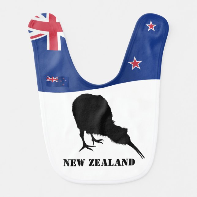 New Zealand & Kiwi Bird Sillhouette / Aotearoa Baby Bib (Front)