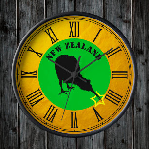 New Zealand & Kiwi Bird star / Gold design Round Clock