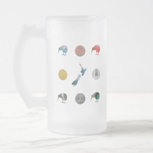 NEW ZEALAND KIWI MONEY COINS FROSTED GLASS BEER MUG