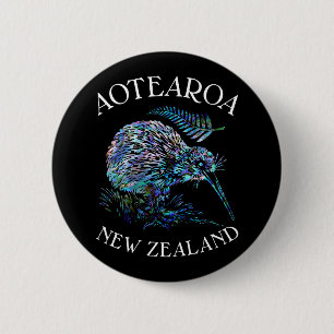 NEW ZEALAND KIWI PAUA 6 CM ROUND BADGE BUTTON