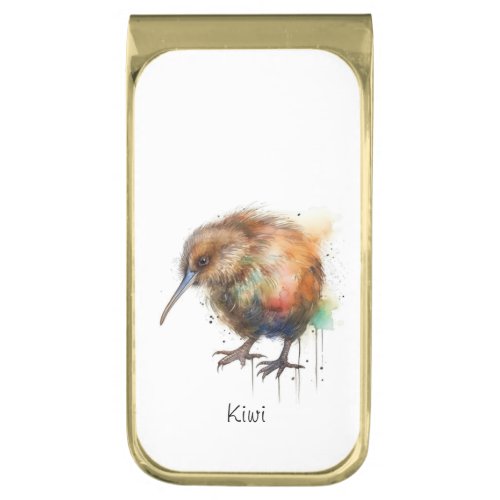 New Zealand Kiwi watercolor  Gold Finish Money Clip