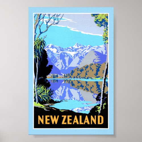 New Zealand Lake Matheson Vintage Travel Poster