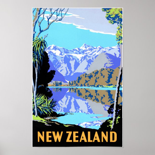 New Zealand Lake Matheson Vintage Travel Poster (Front)