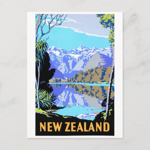 New Zealand Lake Matheson Vintage Travel Poster Postcard