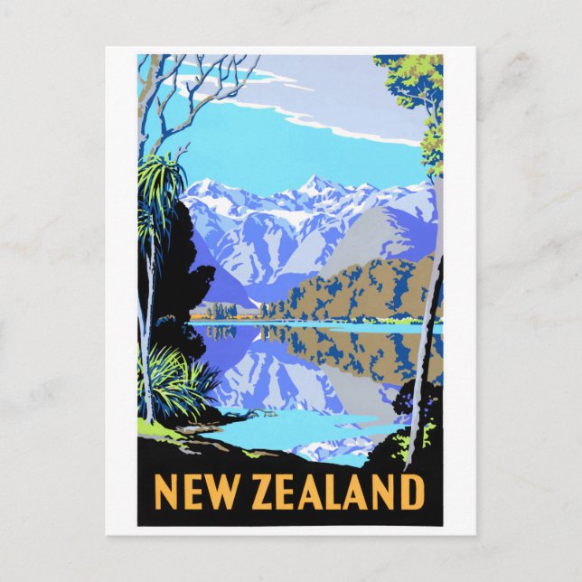 New Zealand Lake Matheson Vintage Travel Poster Postcard (Front)