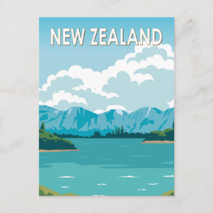 New Zealand Lake Wanaka Otago Travel Art Vintage Postcard
