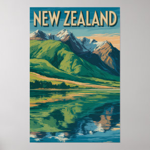 New Zealand Landscape Illustration Travel Art Poster