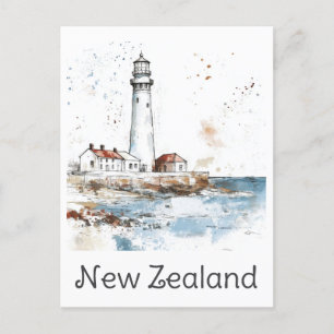 New Zealand Lighthouse Watercolor Travel Postcard