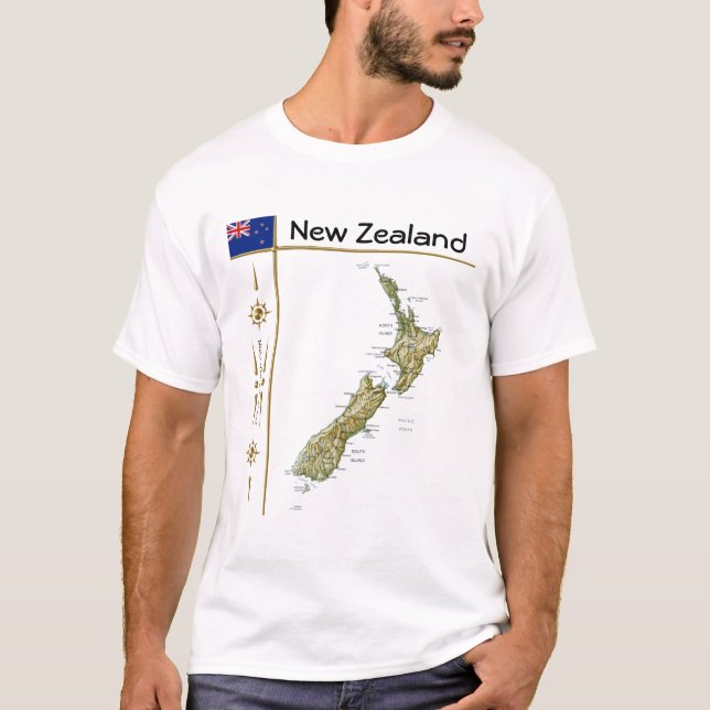 New Zealand Map + Flag + Title T-Shirt (Front)