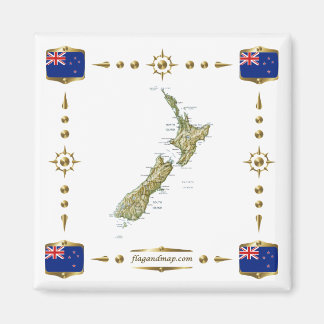 New Zealand Map + Flags Magnet