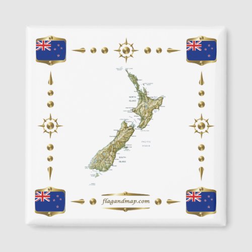 New Zealand Map  Flags Magnet