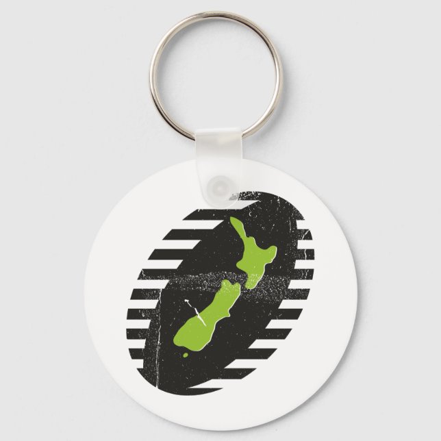 New Zealand Map On Rugby Ball Grungy Keychain (Front)