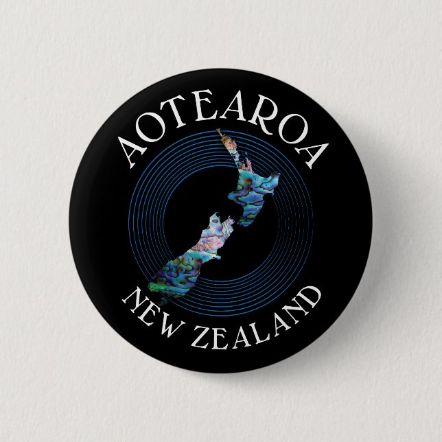 NEW ZEALAND MAP PAUA 6 CM ROUND BADGE BUTTON (Front)