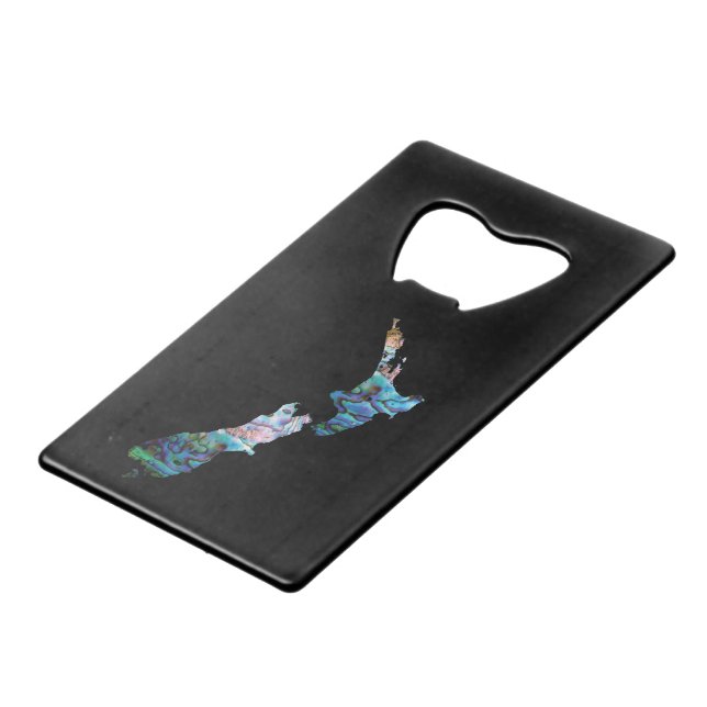 NEW ZEALAND MAP PAUA CREDIT CARD BOTTLE OPENER (Front Angled)
