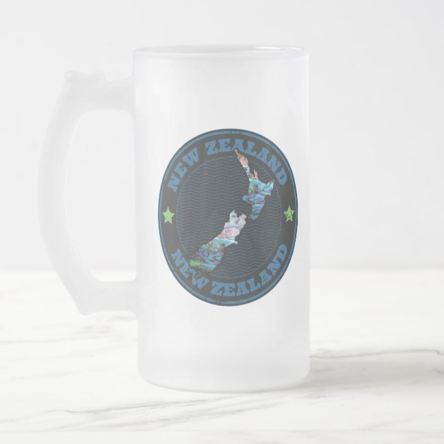 NEW ZEALAND MAP PAUA GLASS FROSTED GLASS BEER MUG (Left)