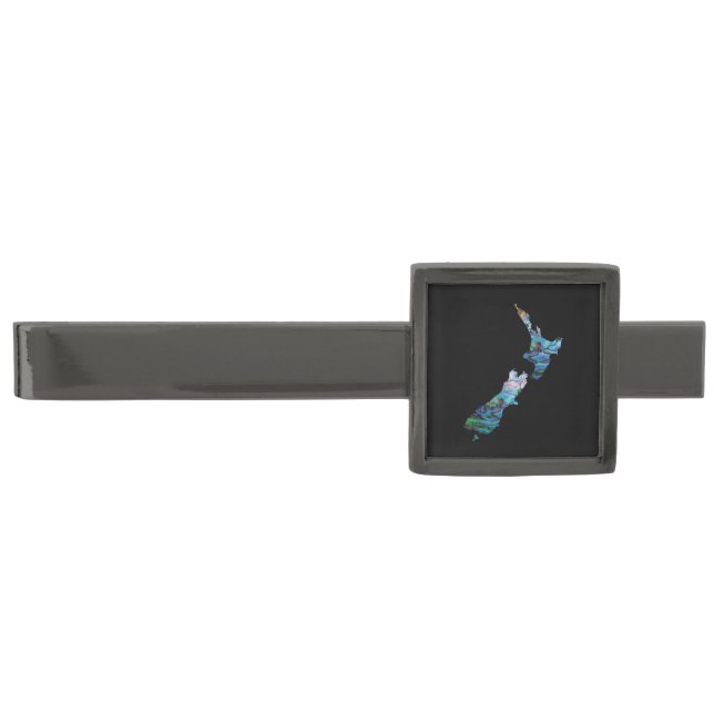 NEW ZEALAND MAP PAUA GUNMETAL FINISH TIE BAR (Front)