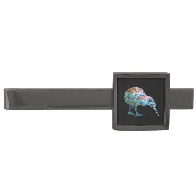 NEW ZEALAND MAP PAUA GUNMETAL FINISH TIE BAR (Front)