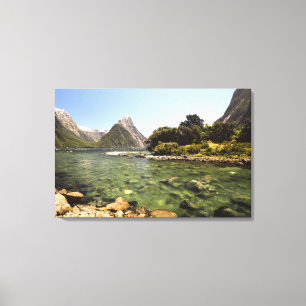 New Zealand, Mitre Peak, & Bowen River entering Canvas Print