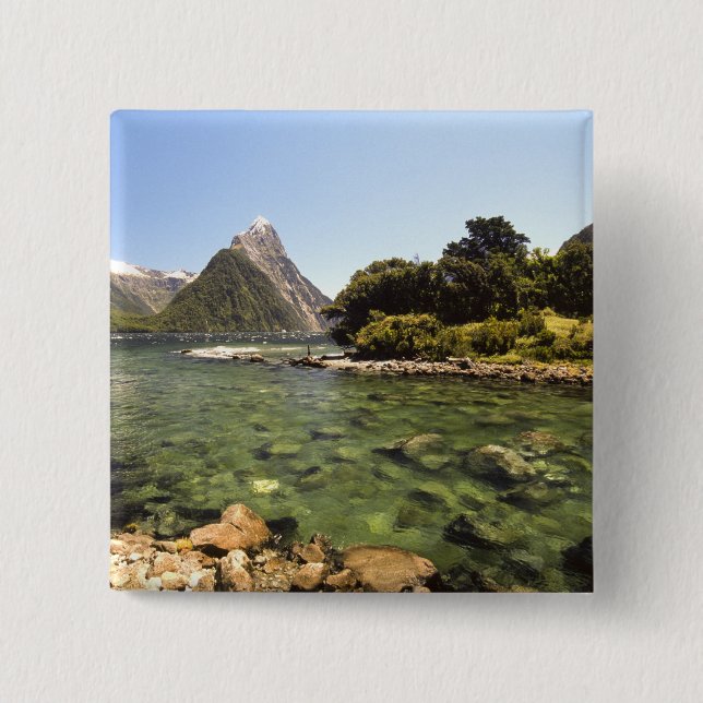 New Zealand, Mitre Peak, & Bowen River entering Pinback Button (Front)