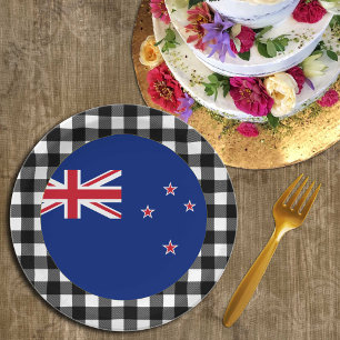 New Zealand Plate, buffalo plaid, New Zealand Flag Paper Plates