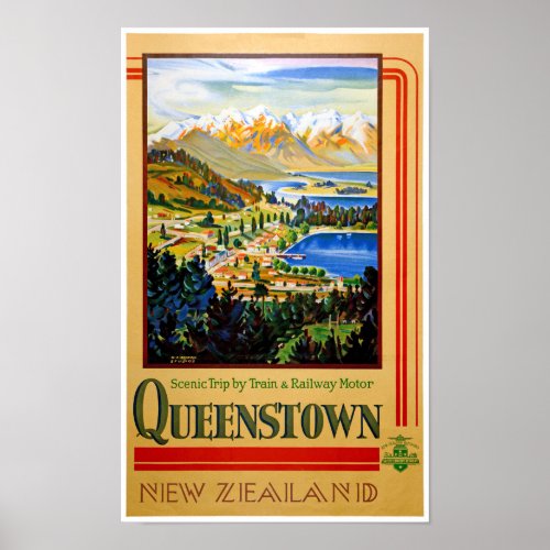 New Zealand Queenstown Restored Vintage Poster