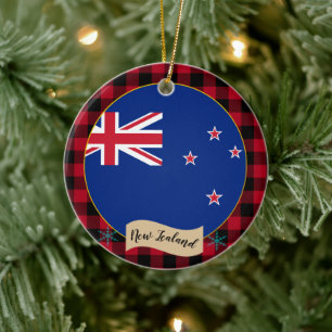 New Zealand, Red buffalo plaid & New Zealand Flag Ceramic Ornament