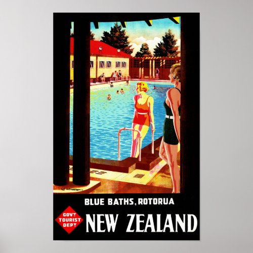 New Zealand Rotorua Vintage Poster Restored