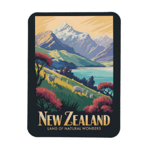 New Zealand Sheep Illustration Travel Art Vintage Magnet