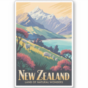 New Zealand Sheep Illustration Travel Art Vintage Sticker
