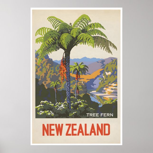 New Zealand Travel Poster Tree Fern Art Marcus (Front)