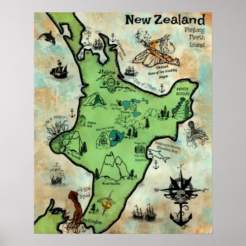 New Zealand Treasure Map Fantasy North Island Poster