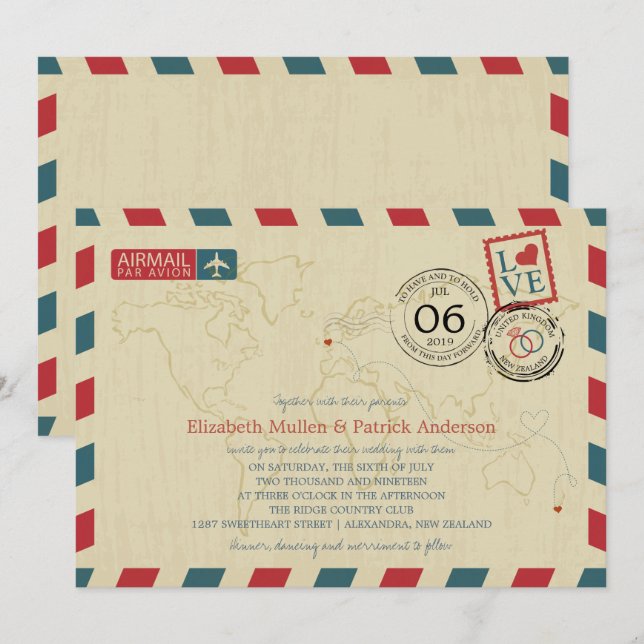 New Zealand / UK Antique Airmail | Wedding Invitation (Front/Back)