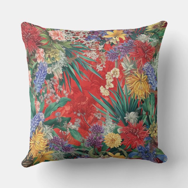 New Zealand Wildflowers on Red Background Throw Pillow (Back)