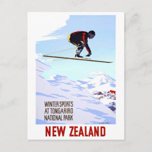 New Zealand Winter Sports Vintage Travel Poster Postcard