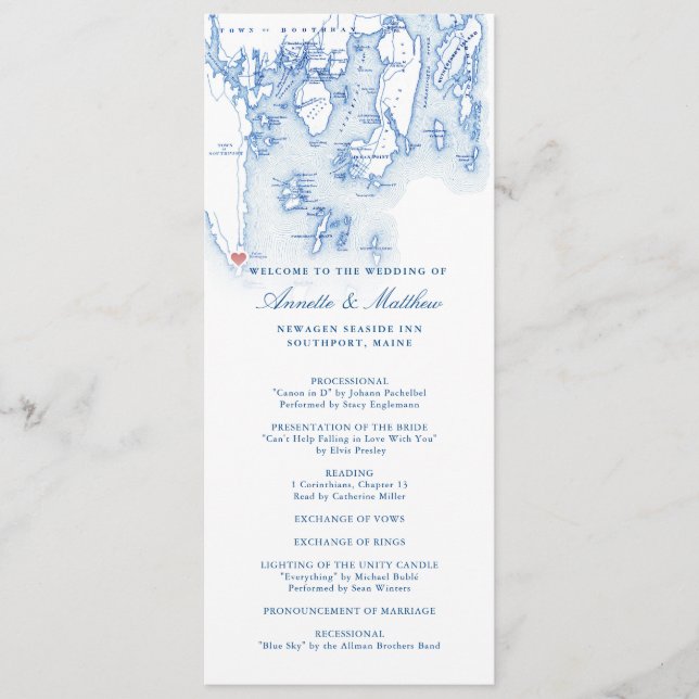 Newagen Seaside Inn Maine Elegant Blue Wedding Program (Front)