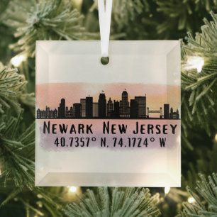 Newark NJ City Skyline Latitude and Longitude Glass Ornament