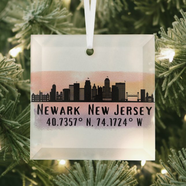 Newark NJ City Skyline Latitude and Longitude  Glass Ornament (Insitu)