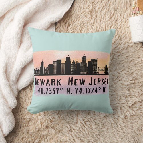 Newark NJ City Skyline Latitude and Longitude  Throw Pillow