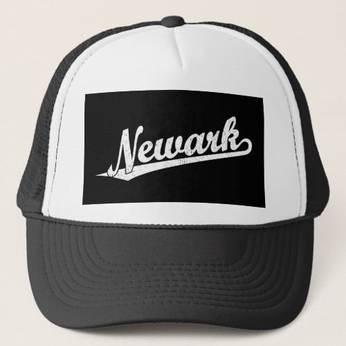 Newark script logo in white distressed trucker hat