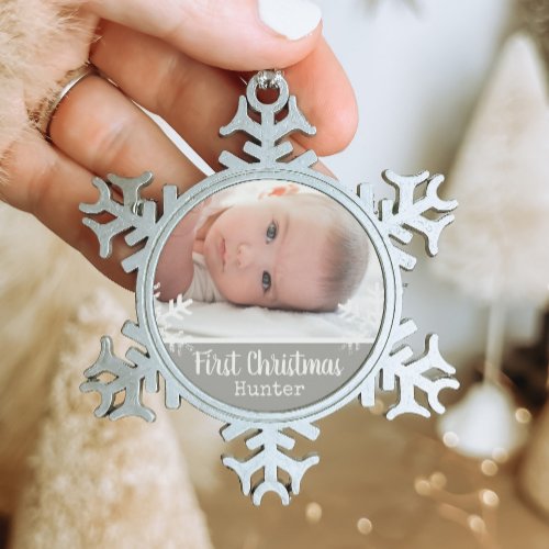 Newborn 1st Christmas Photo Light Grey Snow Snowflake Pewter Christmas Ornament