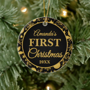 Newborn Baby 1st Christmas Black Gold Photo Ceramic Ornament