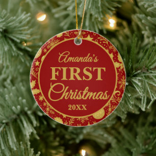 Newborn Baby 1st Christmas Red Gold Photo Ceramic Ornament