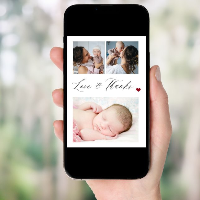 Newborn baby 3 photo collage elegant thank you invitation (Front Digital)