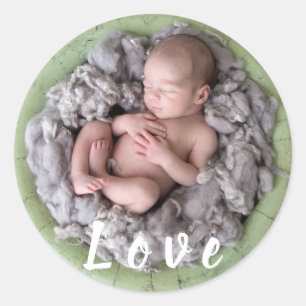 Newborn baby announcement love Baby photo picture Classic Round Sticker