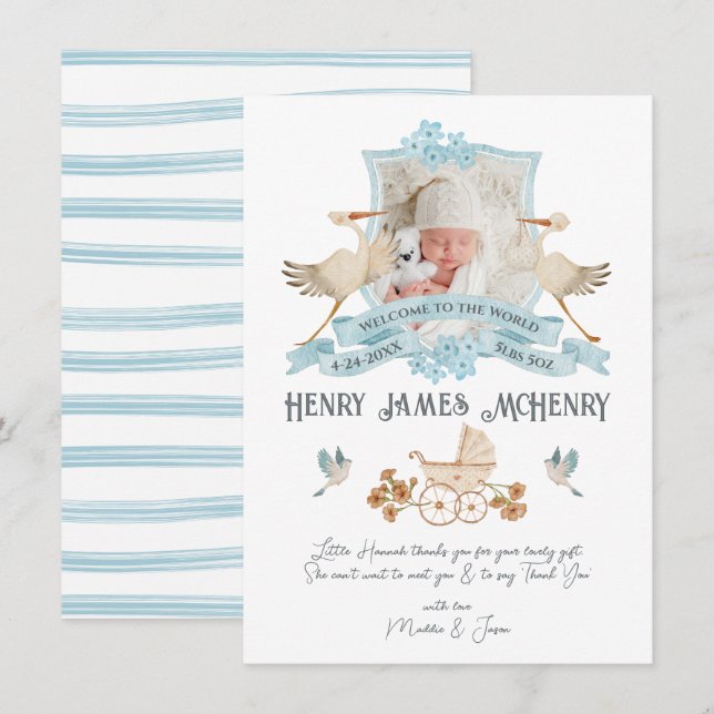 Newborn Baby Birth Announcement Photo Crest Stork (Front/Back)