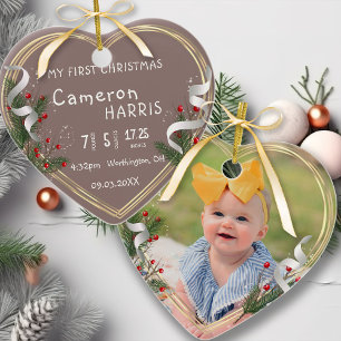 Newborn Baby Birth Info Custom Photo 1st Xmas  Ceramic Ornament